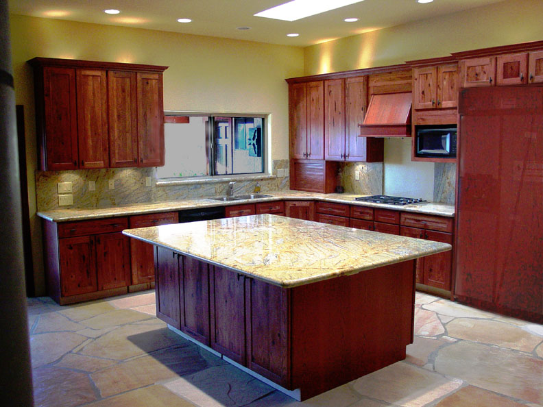 red wood kitchen design with island image